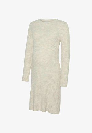 Robe de maternité à manches longues et en tricot côtelé de couleur beige clair, présentant une coupe décontractée avec une jupe évasée pour plus de confort et de liberté de mouvement.