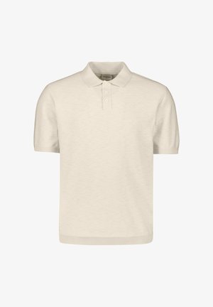 Beige kurzärmeliges Poloshirt mit einer Knopfleiste mit drei Knöpfen sowie geripptem Kragen und Bündchen, dargestellt auf weißem Hintergrund.