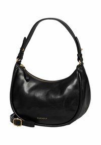 Borsa a tracolla di pelle nera a forma di mezzaluna con zip dorata, tracolla regolabile e logo dorato "Burkely" sul fronte.