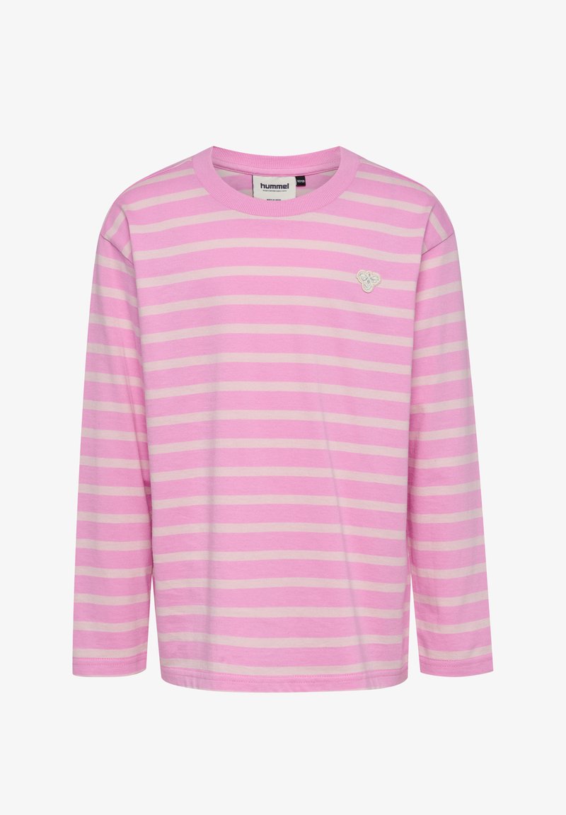 Langärmliges T-Shirt in hellrosa mit horizontalen Creme-Streifen. Mit rundem Ausschnitt und kleinem Logo auf der Brust. Weicher Stoff.