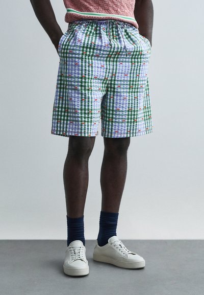 Shorts à carreaux colorés aux nuances de vert et de violet, dotés d'un tissu léger, d'une taille élastique et de petits accents floraux. Associés à des baskets blanches.