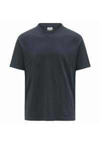 T-shirt corto a maniche corte di un blu navy scuro con scollatura a V e logo tono su tono discreto sul petto; texture liscia e vestibilità regolare.