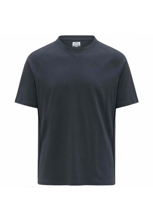 T-shirt corto a maniche corte di un blu navy scuro con scollatura a V e logo tono su tono discreto sul petto; texture liscia e vestibilità regolare.