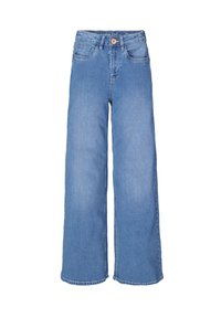 Vaqueros de denim azul de pierna amplia con una cintura alta, cuatro bolsillos y cierre de botón. La tela tiene una textura suave y detalles clásicos de remaches.