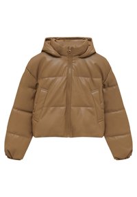Veste matelassée courte marron avec capuche, fermeture éclair frontale, poches latérales et poignets élastiques aux longues manches.