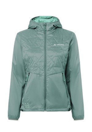 Giacca verde trapuntata con cappuccio, cerniera frontale, tasche con cerniera e logo "Vaude" sul petto, progettata per l'uso all'aperto.