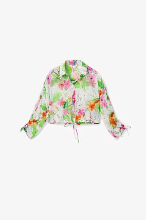 Lühike pluus, millel on roosa, rohelise ja oranži lillemuster. Läbipaistev kangas, pikad varrukad, millel on nööriga sulgemised randmetes.