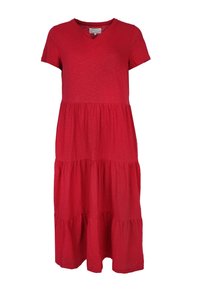Rotes, gestuftes Kleid aus weichem, strukturiertem Stoff. Kurze Ärmel, V-Ausschnitt und drei geraffte Stufen schaffen eine fließende Silhouette.