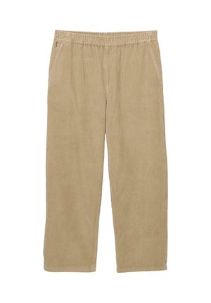 Beige corduroy broek met een wijd model, elastische tailleband en twee zijzakken. Heeft een verticale ribbelstructuur.