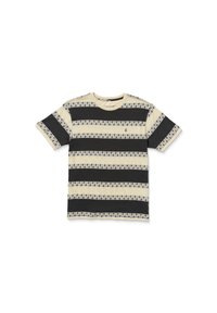 Stribet t-shirt med kortærmer, der har vekslende creme- og sorte farver med geometriske mønstre, rund halsudskæring og blødt stof.