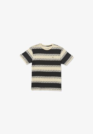 T-shirt à manches courtes rayé avec des couleurs crème et noir alternées, des motifs géométriques, un col ras du cou et un tissu doux.