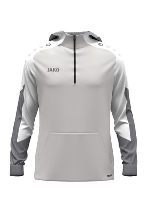 Langærmet lysegrå sportshættetrøje med frontlynlås, mørkegrå ærmeaccents, frontlomme og JAKO-logo på brystet.