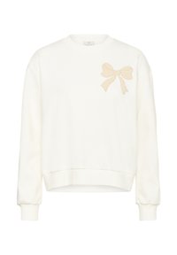 Sweatshirt blanc avec un col rond et des manches longues, arborant une broderie de nœud crème sur le côté gauche de la poitrine. Texture douce avec un ourlet côtelé.
