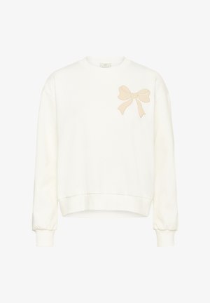 Weißes Sweatshirt mit Rundhalsausschnitt und langen Ärmeln, das eine cremefarbene Schleifenstickerei auf der linken Brustseite aufweist. Weicher Stoff mit geripptem Saum.