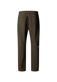 Pantalons vert olive foncé avec une taille élastique, deux poches arrière et un logo subtil sur le bas. Texture légère et lisse.
