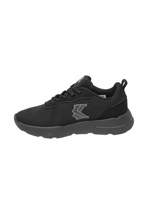 Black athletic sneakers with a textured mesh upper, black rubber sole, lace-up design, and a prominent grey logo on the side.