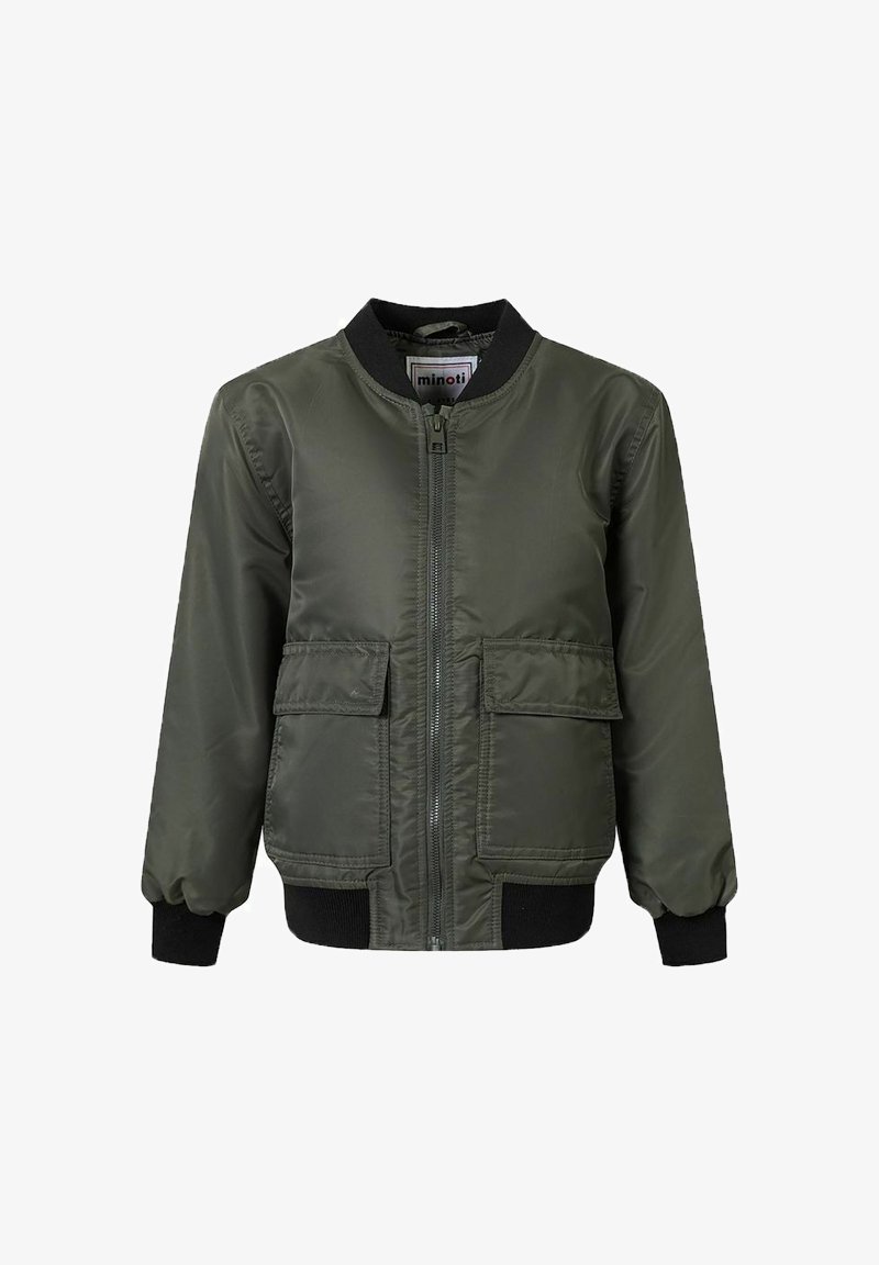 Veste bomber vert olive avec fermeture éclair à l'avant, deux poches à rabat, et poignets et col côtelés noirs.