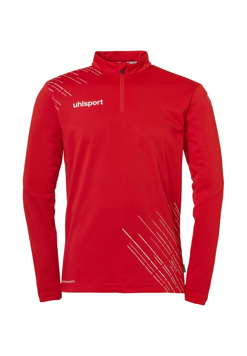 Rode sporttop met lange mouwen en een halve rits kraag. Heeft witte diagonale lijnen en een logo op de linkerborst. Gemaakt van lichtgewicht, gladde stof.