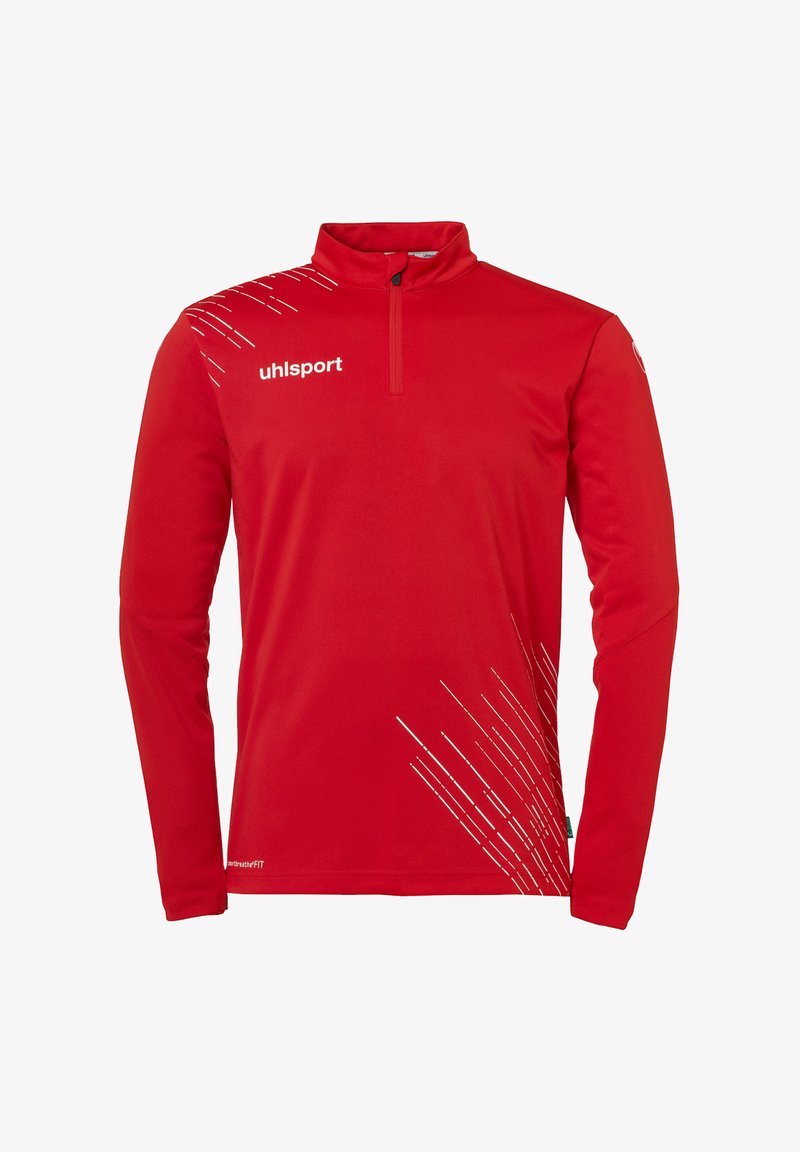 Maglietta sportiva rossa a maniche lunghe con colletto a mezza zip. Presenta linee diagonali bianche e il logo sul lato sinistro del petto. Realizzata in un tessuto leggero e liscio.