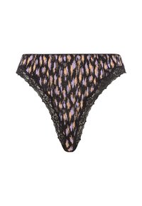 Melnas mežģīņu apakšbikses ar krāsainu abstraktu rakstu, kas ietver purpursarkanas un oranžas nokrāsas uz melna fona.