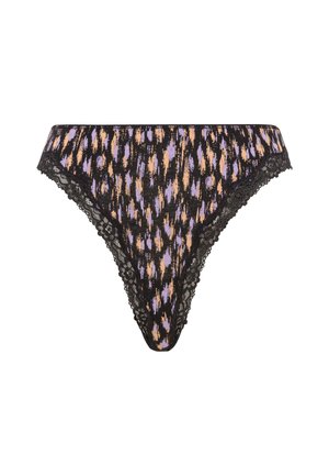 Black lace-trimmed thong with a colorful, abstract pattern featuring shades of purple and orange on a black background.