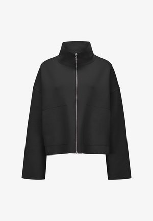 Schwarze Jacke mit Reißverschluss, hohem Kragen, cropped Schnitt, zwei Fronttaschen und glatter Textur. Mit silbernem Reißverschluss ausgestattet.