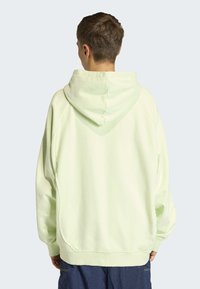 Svijetlo zelena, prenaglašena dukserica s kapuljačom na vezanje, rebrastim manšetama i rubom, s glatkom teksturom i opuštenim krojem, prikazana s leđa.