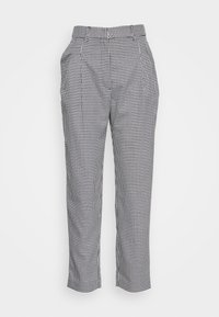 Black and white houndstooth patterned trousers with a straight fit, mid-rise waist, and subtle pleats, showcasing a smooth fabric texture.