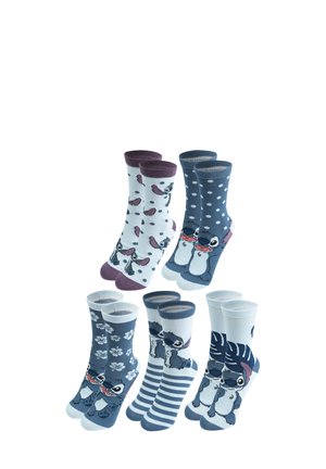 Sei coppie di calzini per bambini con motivi di pinguini e floreali, con colori che includono azzurro chiaro, blu navy, bianco e viola. I motivi sono vari.