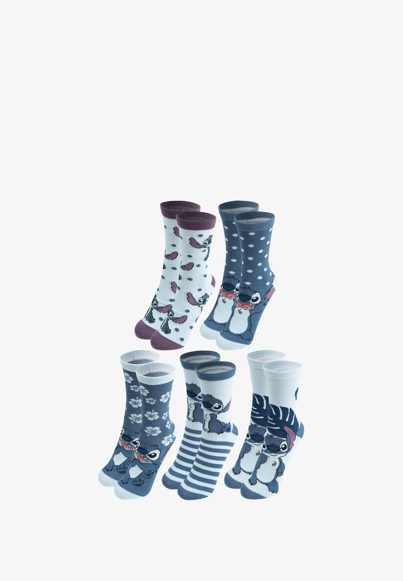 Sei coppie di calzini per bambini con motivi di pinguini e floreali, con colori che includono azzurro chiaro, blu navy, bianco e viola. I motivi sono vari.