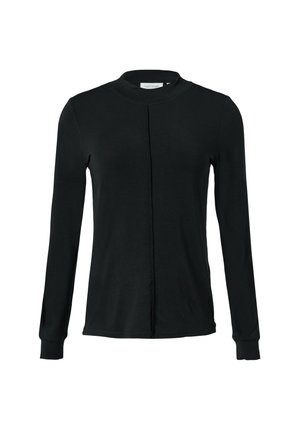 Schwarzes Langarmshirt aus glattem Stoff mit hohem Kragen und einer Nahtdetail vorne. Die Manschetten sind eng anliegend, ohne sichtbare Verzierungen.