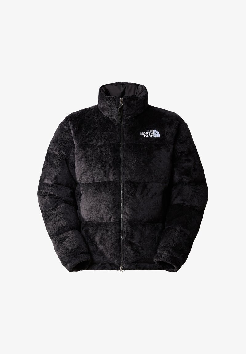 Černá plyšová bunda s péřovým vzhledem, plným předním zipem a stojacím límcem, s logem The North Face na levé straně hrudi.
