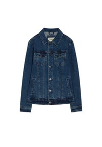 Granatowa kurtka dżinsowa z długimi rękawami, zapięcie na guziki, dwie kieszenie na piersiach oraz klasyczny kołnierzyk. Posiada detale przeszycia w całym fasonie.