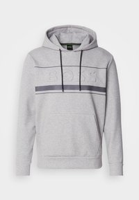 Grey hoodie with a kangaroo pocket, ribbed cuffs, and an embossed logo at the chest; features black drawstrings and horizontal stripe detail.