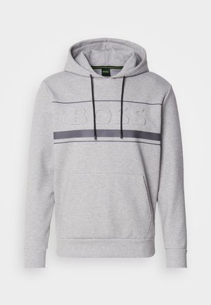 Grey hoodie with a kangaroo pocket, ribbed cuffs, and an embossed logo at the chest; features black drawstrings and horizontal stripe detail.