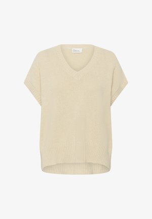 Cream-colored knitted sleeveless sweater vest with V-neck and ribbed hem, displayed on a white background.