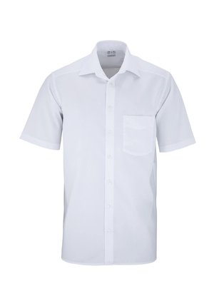 Short-sleeved white button-up shirt in a smooth fabric. Features a pocket on the left chest and a classic collar.