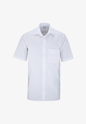 Kurzärmliges weißes Hemd aus einem glatten Stoff. Verfügt über eine Tasche auf der linken Brust und einen klassischen Kragen.