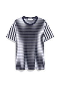 T-shirt a righe blu navy e bianche con maniche corte, collo tondo, tessuto morbido e un piccolo etichetta sul lato.