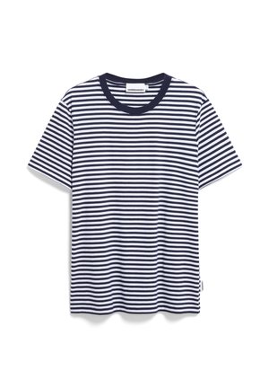 Marineblauwe en witte gestreepte t-shirt met korte mouwen, ronde hals, zachte stof en een klein label aan de zijkant.