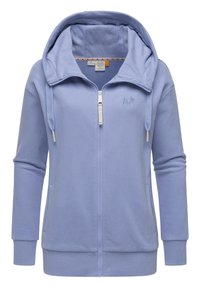Felpa con zip di colore azzurro chiaro realizzata in tessuto morbido, dotata di un ampio cappuccio, due tasche laterali e polsini a costine. Logo semplice ricamato sul davanti.