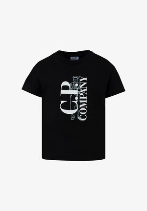 T-shirt in cotone nero con maniche corte. Presenta un testo grafico bianco e un'illustrazione di una persona. Design classico con colletto a girocollo.