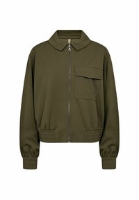 Béžová bomber bunda z olivově zelené látky. Obsahuje přední zip, límec a náprsní kapsu. Elastické manžety a pas. Hladká textura.