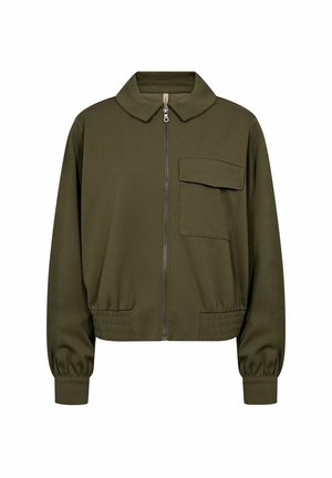 Béžová bomber bunda z olivově zelené látky. Obsahuje přední zip, límec a náprsní kapsu. Elastické manžety a pas. Hladká textura.