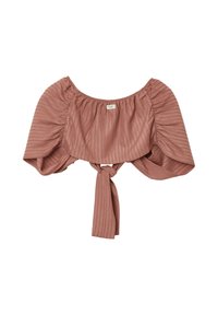 Crop top a coste color ruggine con maniche corte a palloncino e dettaglio del nodo davanti, posato su uno sfondo bianco.