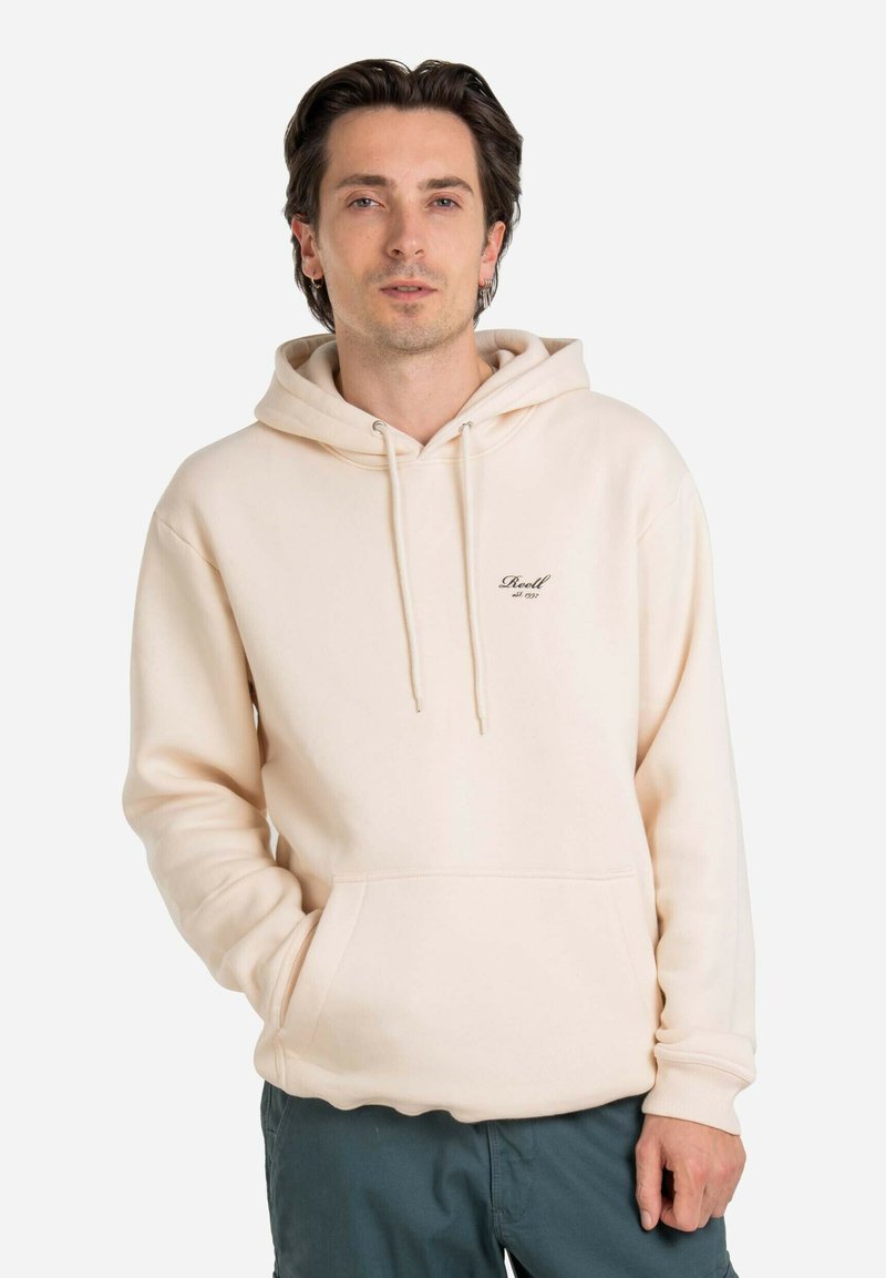 Cremefarbener Baumwoll-Hoodie mit lässiger Passform, Kordelzugkapuze, Taschen auf der Vorderseite und kleinem Logo auf der Brust.
