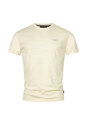Cremefarvet bomulds T-shirt med rund hals, korte ærmer og et lille logo i mørk tryk på brystet. Blød, slub tekstur.