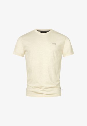 T-shirt en coton couleur crème avec un col rond, des manches courtes et un petit logo en impression foncée sur la poitrine. Texture douce et légèrement chinée.