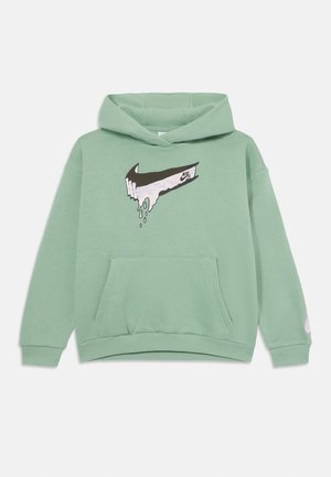 Green hooded sweatshirt made from soft cotton blend. Front features a graphic design with dripping paint effect and a front kangaroo pocket.