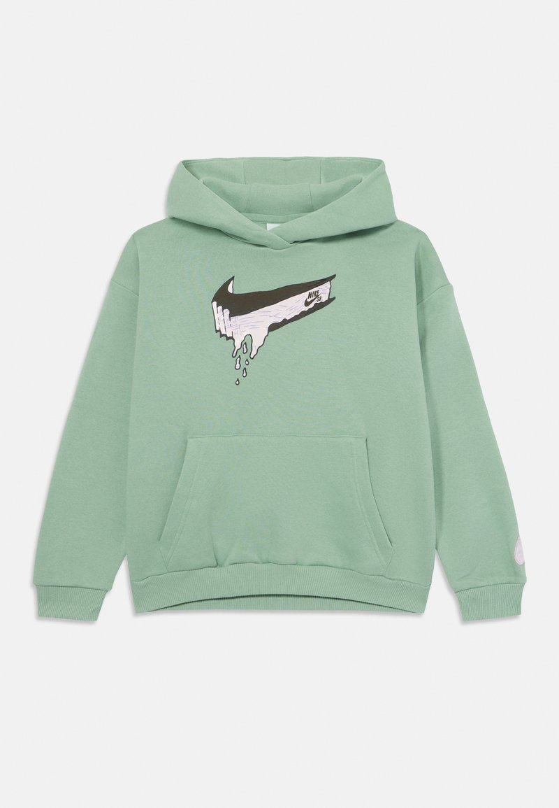 Felpa con cappuccio verde realizzata in morbido cotone misto. Il davanti presenta un design grafico con effetto vernice colante e una tasca a marsupio.